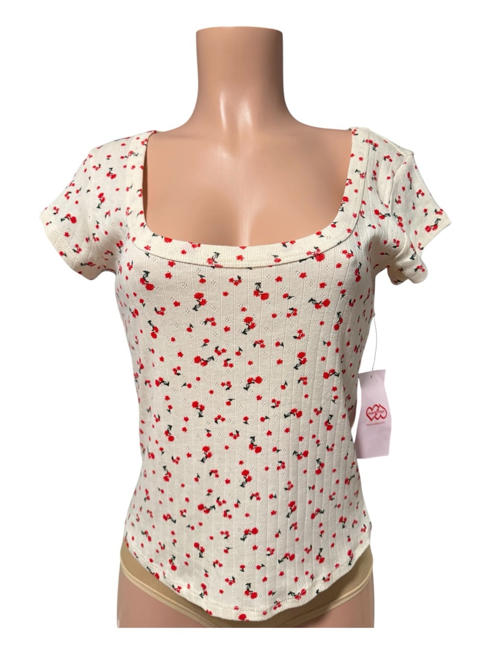 Cream Short-Sleeve Square Neck Floral Ribbed Top